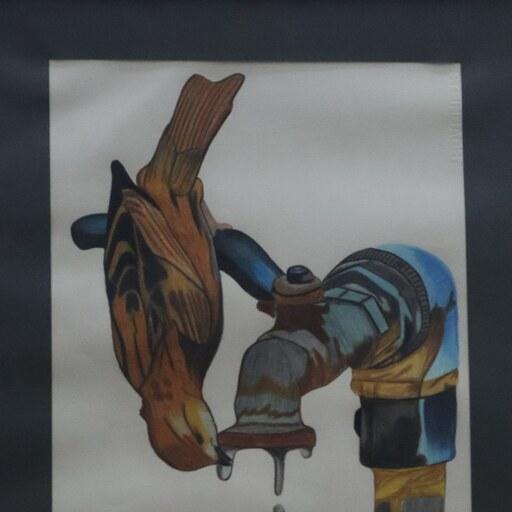 تابلو نقاشی گنجشک تشنه با مدادرنگی
