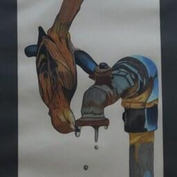 تابلو نقاشی گنجشک تشنه با مدادرنگی