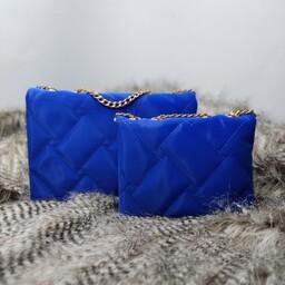 کیف ورنی لطیف و براق  قابل استفاده بصورت دستی و دوشی با بند زنجیری کمربندی سایز کوچک رنگ آبی (ارسال رایگان)