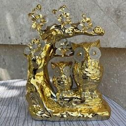 مجسمه دکوری طلایی سرامیکی خارجی جغد با گل برجسته