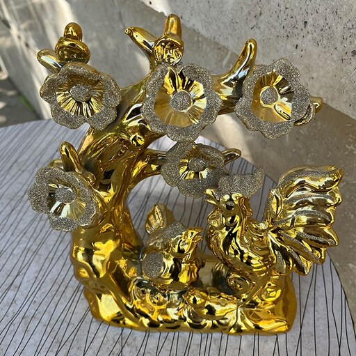 مجسمه دکوری خروس سرامیکی طلایی خارجی با گل برجسته