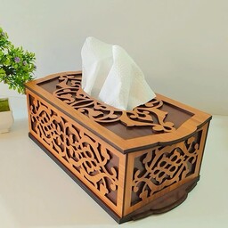 جعبه دستمال کاغذی طرحدار چوبی ابعاد استاندارد قابل جایگیری پک صد عددی دستمال کاغذی درب کشویی از پایین