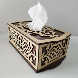 جعبه دستمال کاغذی طرحدار چوبی مناسب پک های صد عددی دستمال کاغذی درب کشویی رنگ گردویی و افرا
