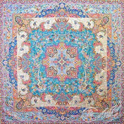 رومیزی ترمه ابریشمی طرح ارم ممتاز سالاری یزد ـ مربع یک متر (بغچه) ـ آبی تارسفید
