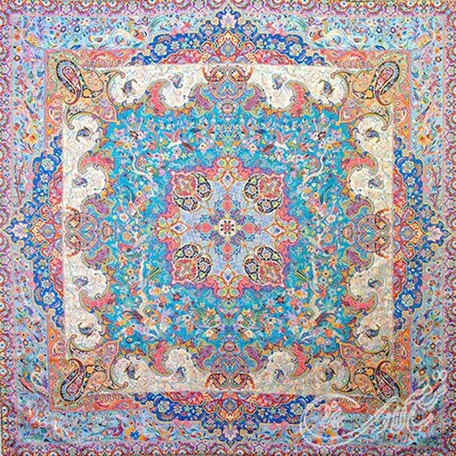 رومیزی ترمه ابریشمی طرح ارم ممتاز سالاری یزد ـ مربع یک متر (بغچه) ـ آبی تارسفید