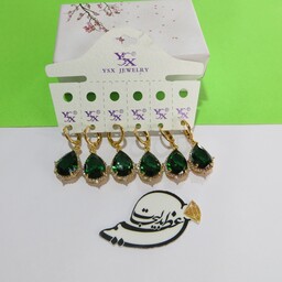 گوشواره حلقه ای آویز زیبا از جنس مس روکش طلا رنگ ثابت برند YSX طرح  اشکی با نگین سبز  و نگین کاری شده