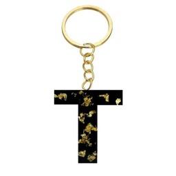 آویز جا کلیدی حروف انگلیسی حرف Tجنس رزین کار شده با ورق طلا رنگ مشکی طلایی