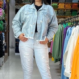 کت جین پایین ریش جنس جین اصل تا سایز 44 رنگ آبی یخی