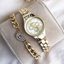 ساعت زنانه بند طلایی ظریف شیک مجلسی ، طرح سه موتوره ، بند استیل ،همراه با دستبند