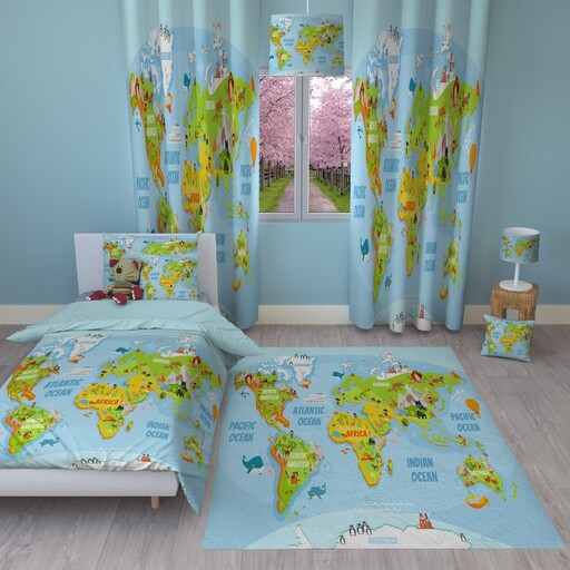 ست شش تکه اتاق خواب فرش پرده روتختی لوستر آباژور کودک و نوجوان طرح نقشه جهان