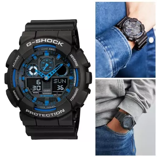 ساعت  مچی جی شاک های کپی مشکی آبی(جیشاک GShock) تنظیم اتوماتیک با پایتخت کشورها ، اتولایت اتوماتیک(مدل GA100-1A1)