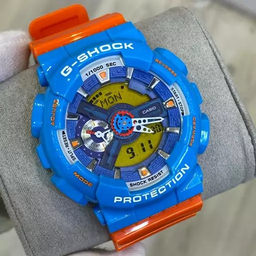 ساعت  مچی جی شاک GA110 آبی نارنجی اسپرت جیشاک GShock) ، صد در صد ضدآب ، تنظیم اتوماتیک با پایتخت کشورها ، اتولایت دار