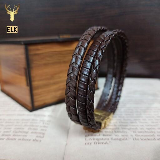 دستبند چرم طبیعی مدل E418 قهوه ای سوخته (ارسال رایگان با جعبه چوبی)