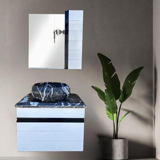 فول ست دیواری سفید با صفحه و سنگ مشکی مدل  B4051 روشویی کابینتی سنگ آینه باکس