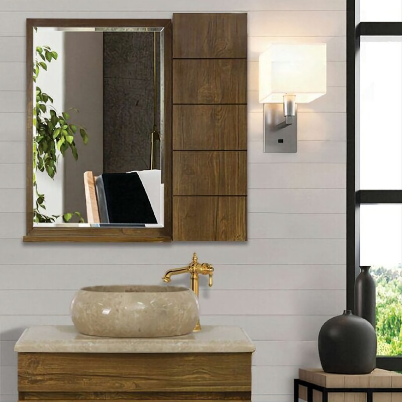 فول ست دیواری طرح چوب با صفحه و سنگ سیمکان طبیعی مدل 4061  روشویی کابینتی سنگ آینه باکس