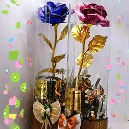 گل رز مصنوعی رنگ طلایی در باکس شیشه ای   سفارش به صورت عمده و تک 