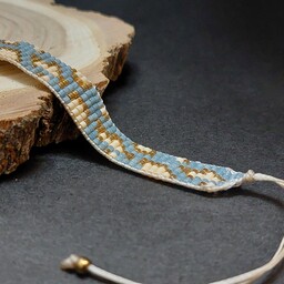 دستبند منجوق بافی زنانه دخترانه طرح پلنگی رنگ آبی طلایی منجوق میوکی اصل ژاپن