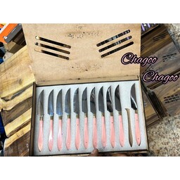 ست 12 نفره کارد آشپزخانه دست ساز زنجان در سه رنگ سفید مشکی صورتی همراه با جعبه چوبی کادویی
