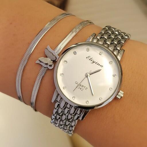 ست ساعت زنانه شیک و جذاب نقره ای رنگ با دستبند 