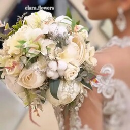 دسته گل مصنوعی عروس سفید پیونی رز شیپوری مناسب نامزدی عقد عروسی فرمالیته گل عروس شیک 