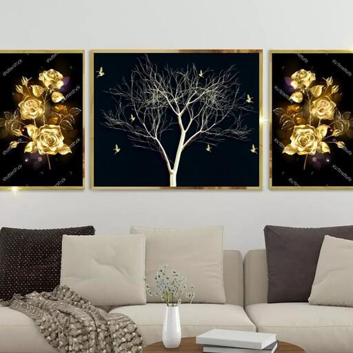 تابلو دکوراتیو درخت وگلهای طلایی با زمینه مشکی لوکس سه تکه 