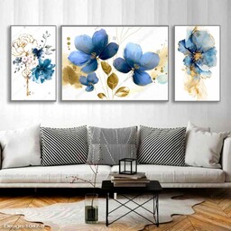 تابلو دکوراتیو طرح نقاشی آبرنگی گل آبی وطلایی سه تکه 