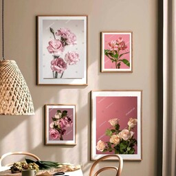 تابلو دکوراتیو طرح عکس گلهای رز وزمینه صورتی چهار تکه