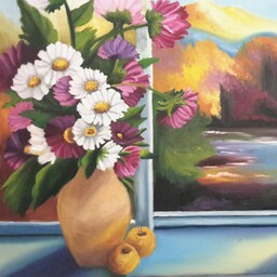 تابلو نقاشی گلدان و پنجره و منظره پاییزی رنگ روغن 