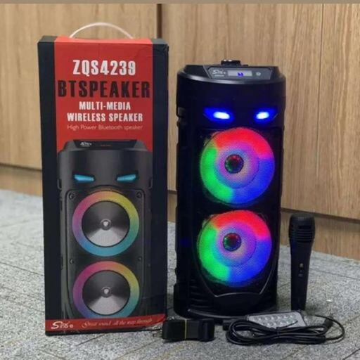 اسپیکر بلوتوثی 8 اینچ شارژی  ZQS4239 دوبل باند دارای میکروفون و رقص نور متنوع و زیبا  با حجم صدای بالا و با کیفیت 