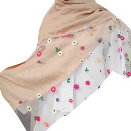 روسری وال اسلپ کرم حاشیه تور شکوفه رنگی با ارسال رایگان