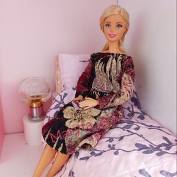 لباس باربی ،بلوز دامن گلدار،پارچه کشی،ترکیب رنگ زرشکی مشکی