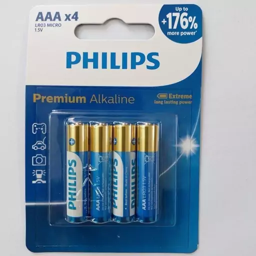 باتری نیم قلمی فیلیپس مدل Premium Alkaline LR03M4B بسته چهار عددی