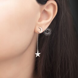 گوشواره زنانه آویز ماه و ستاره ظریف رنگ نقره ای(استیل اصل و رنگ ثابت)