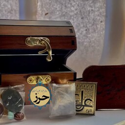 حرز  کبیر امام جواد علیه السلام همراه با صندوقچه لوح برنجی عین علی و 4عدد نگین انگشتر