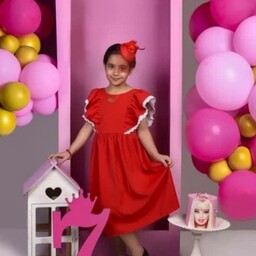 پیراهن مجلسی دخترانه  مدل نازبانو، کرپ الیزه قرمز قابل سفارش از2سال تا12سال همه رنگ