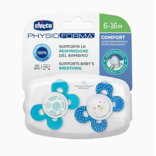 پستانک چیکو chicco سایز 6 تا 16 ماه ارتدنسی 2 عددی فیزیو فرما کامفورت physio forma comfort  ابی2
