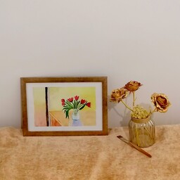 تابلو نقاشی گلدان گل لاله. سایز A4. قاب سفید یا طلائی. 