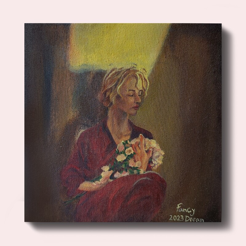 تابلوی نقاشی رنگ روغن وینزور  روی بوم سایز کوچک دختر  با دست گل