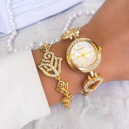 ست ساعت زنانه هانگری طلایی با دستبند