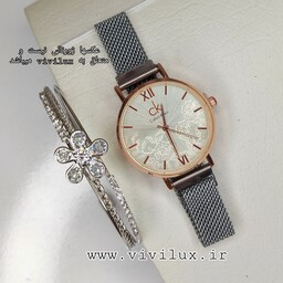 ست هدیه  ساعت ck و دستبند طرح طلا  لوکس زنانه و دخترانه نقره ای