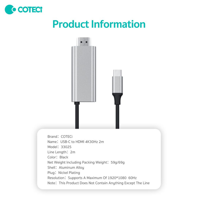 کابل تبدیل USB-C به HDMI کوتتسی مدل 33025 طول 2 متر