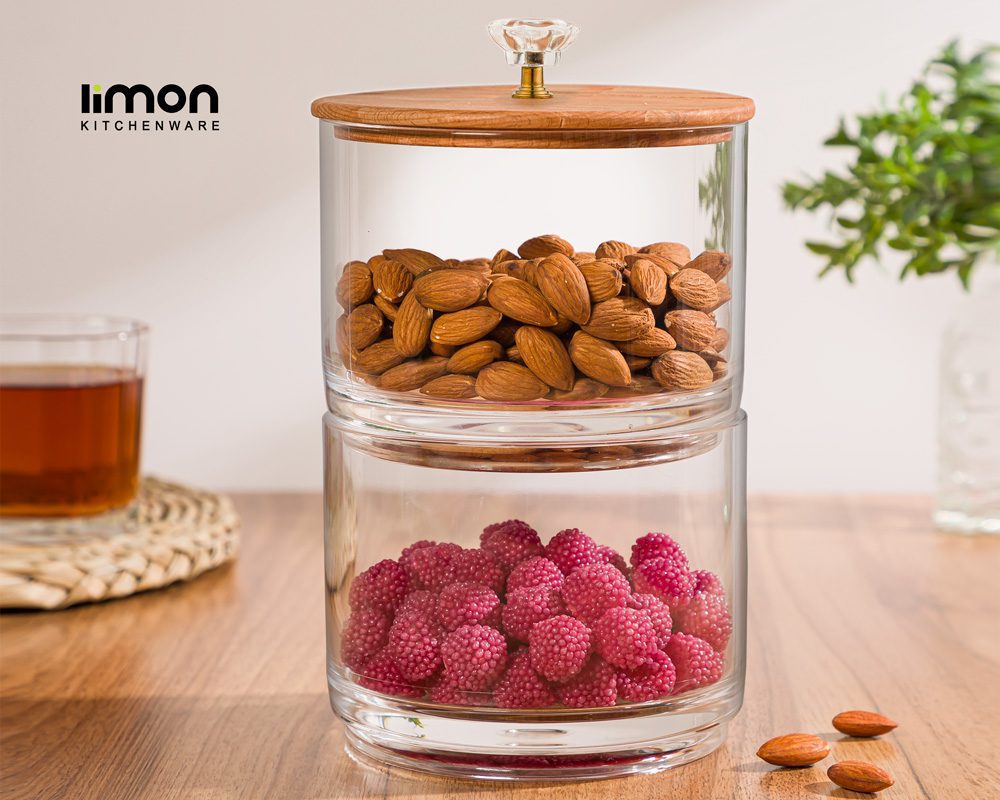 ظرف شکلات دو طبقه با درب چوبی لیمون کد 2167