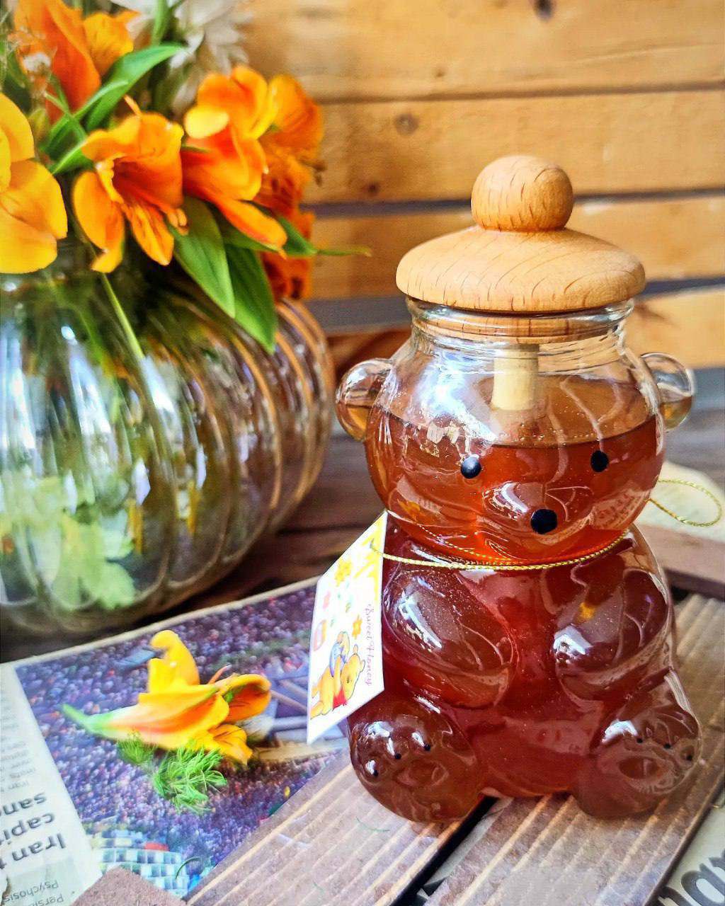 ظرف عسل خرسی شیشه ای (پست پیشتاز پس کرایه)