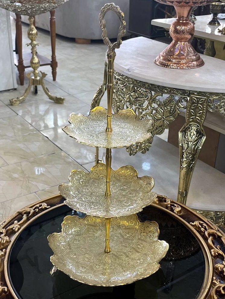 شیرینی خوری طرح گل سه طبقه برنجی هندی