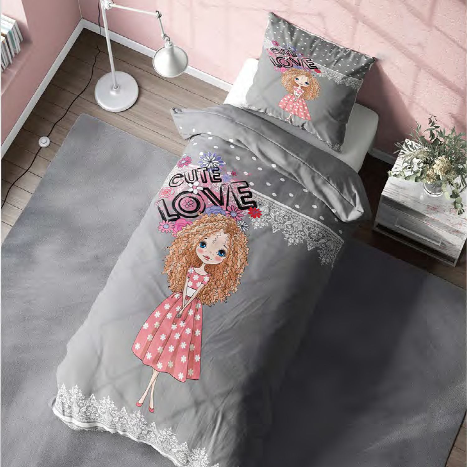 سرویس خواب دخترانه کد M-8036 طرح love یکنفره 4 تکه