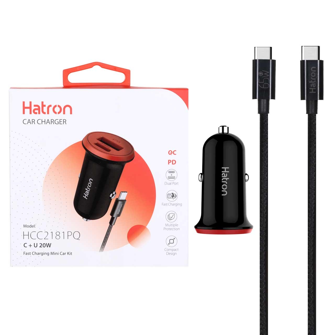 شارژر فندکی 20 وات فست و PD دو پورت Hatron مدل HCC2181PQ به همراه کابل شارژ Type-C