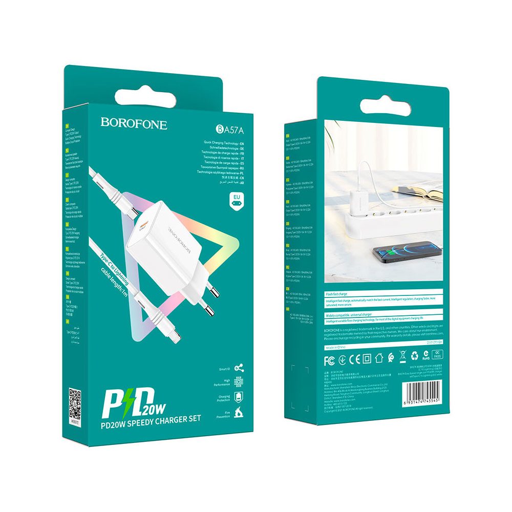 شارژر دیواری بروفون مدل BA57A PD 20W به همراه کابل تبدیل لایتنینگ