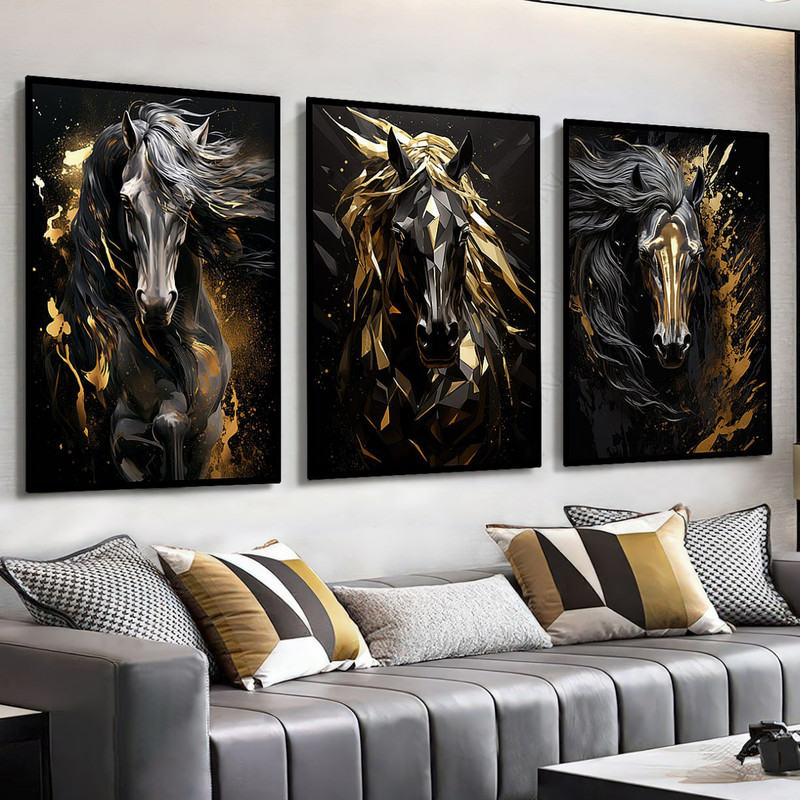 تابلو طرح دکوراتیو اسب کد 4180B با فریم مشکی مجموعه سه عددی