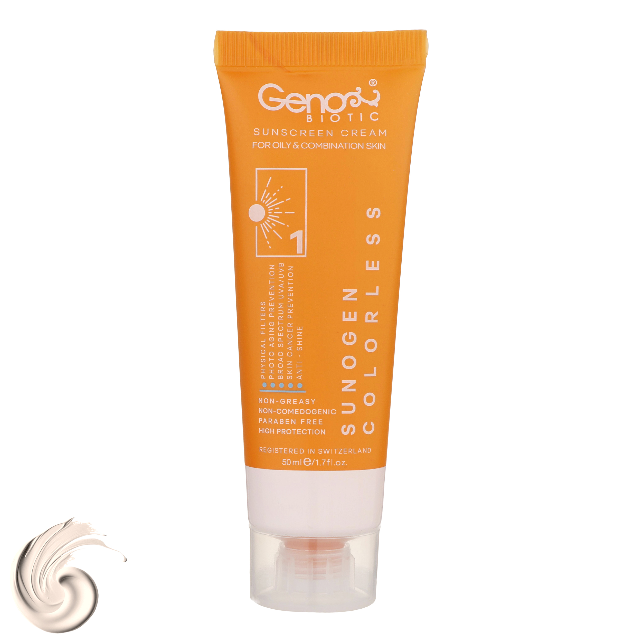 کرم ضد آفتاب SPF50 بی رنگ ژنوبایوتیک مناسب پوست چرب و مختلط حجم 50 میلی لیتر