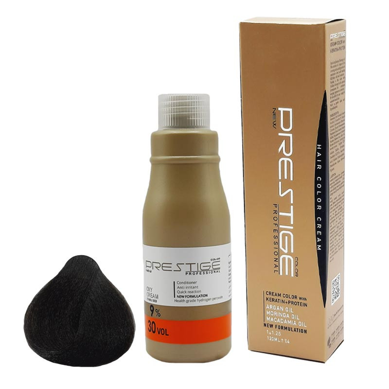 رنگ مو نیو پرستیژ کالر شماره 3.3 حجم 120 میلی لیتر رنگ قهوه ای زیتونی تیره به همراه اکسیدان مدل 2 نه درصدی حجم 150 م...